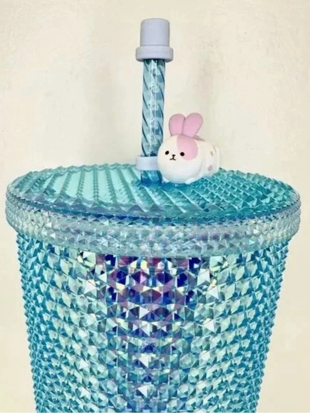 NWT Starbucks China Blue Iridescent Studded Tumbler 24oz Venti Cup Bunny Topper